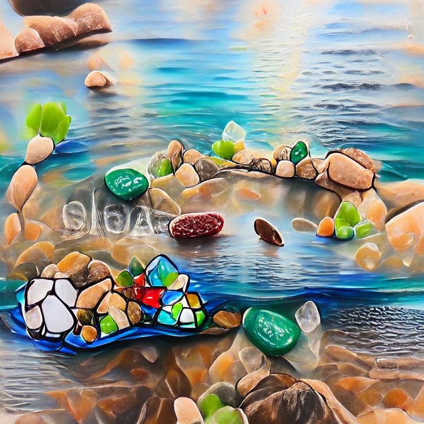 Crystal Clear Lake with Colorful Rocks in Acrylic Style