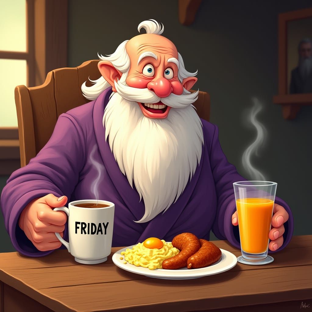 Jolly Old Man in Robe Enjoys Breakfast, Disney Style
