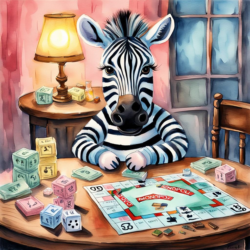 Zeke the Zebra's Monopoly Game: A Watercolor Dream