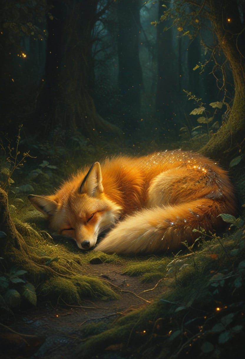 Sleeping Fox Radiates Light: Baroque Oil Painting