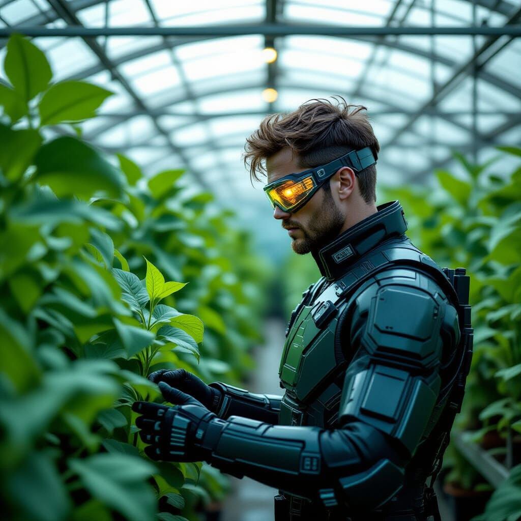 Cyberpunk Botanist Inspects Modified Plants in Greenhouse