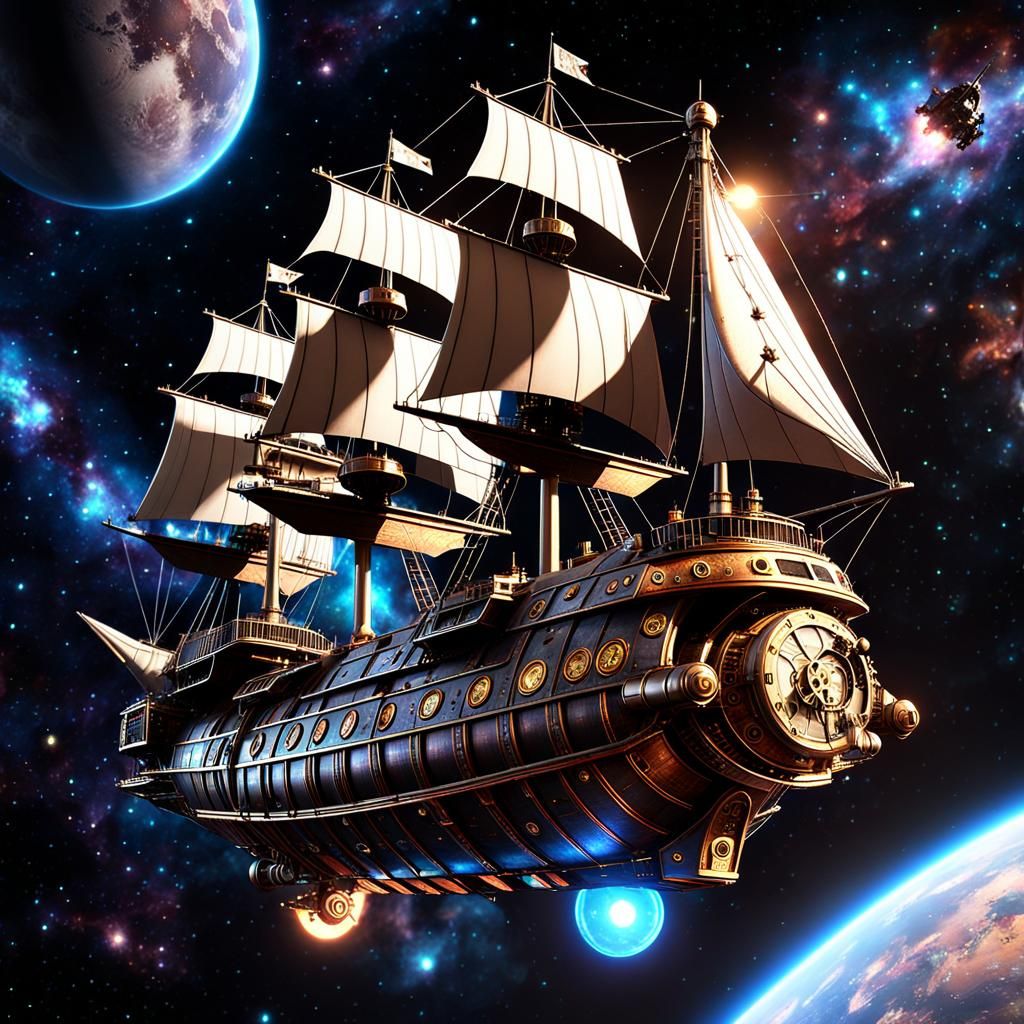 Steampunk Clipper Ship Soaring Through Space