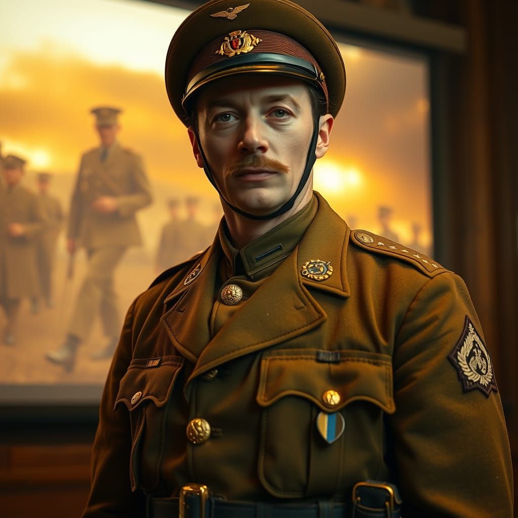 Man in army uniform standing in front of movie projection of War World I Cinematic film still, shot on v-raptor XL, film...