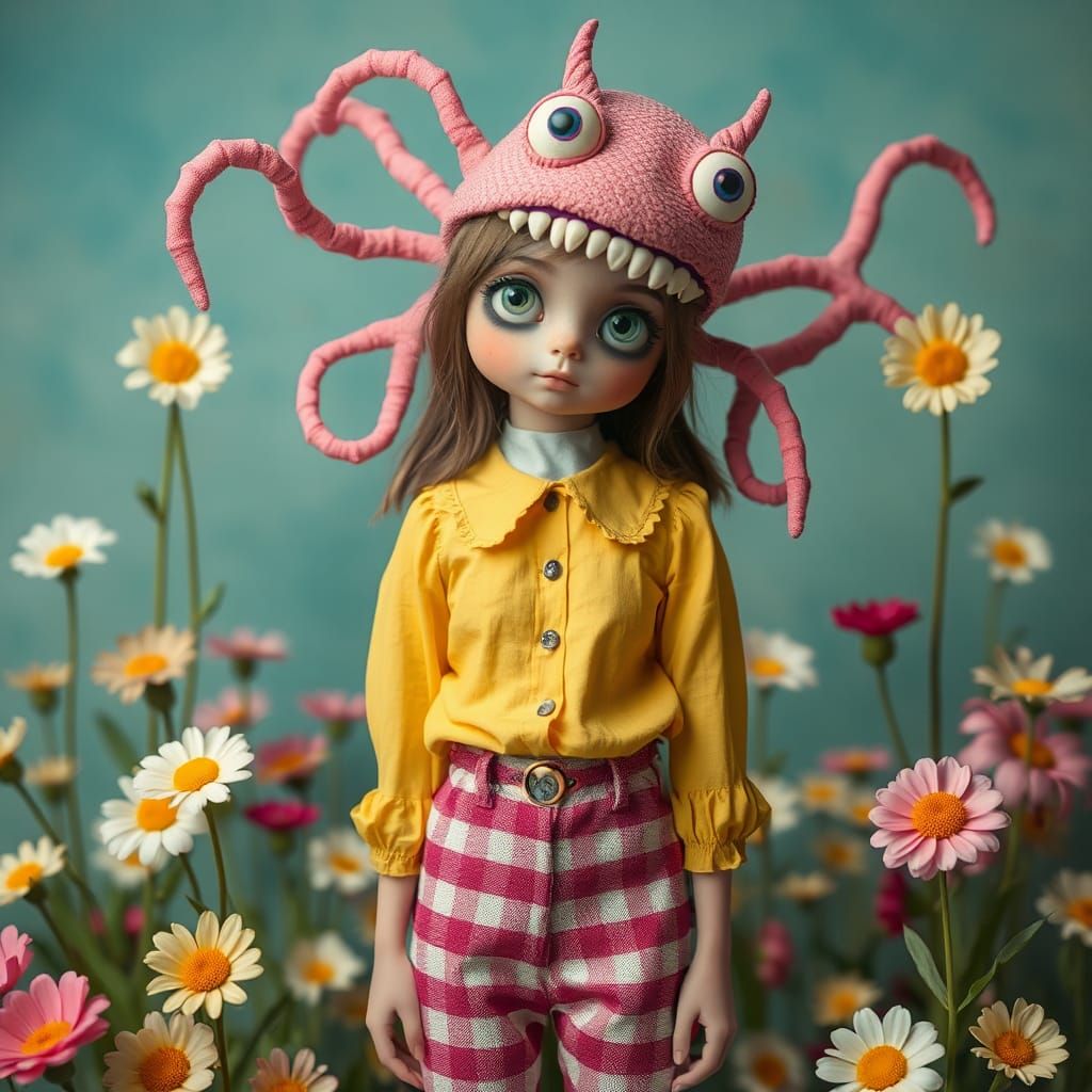 Surreal Girl with Pink Monster in Pastel Colors