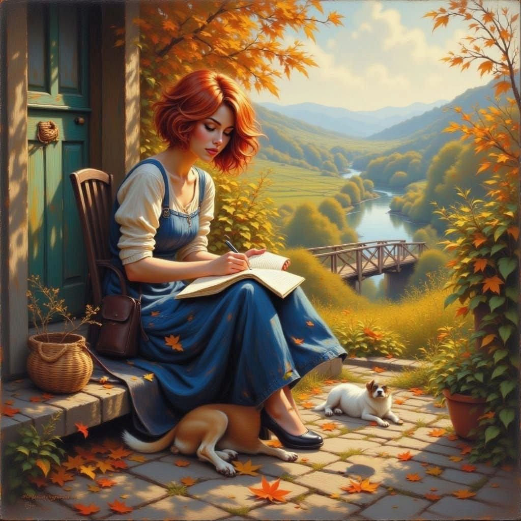 Woman Writing Letter by River in Painterly Style