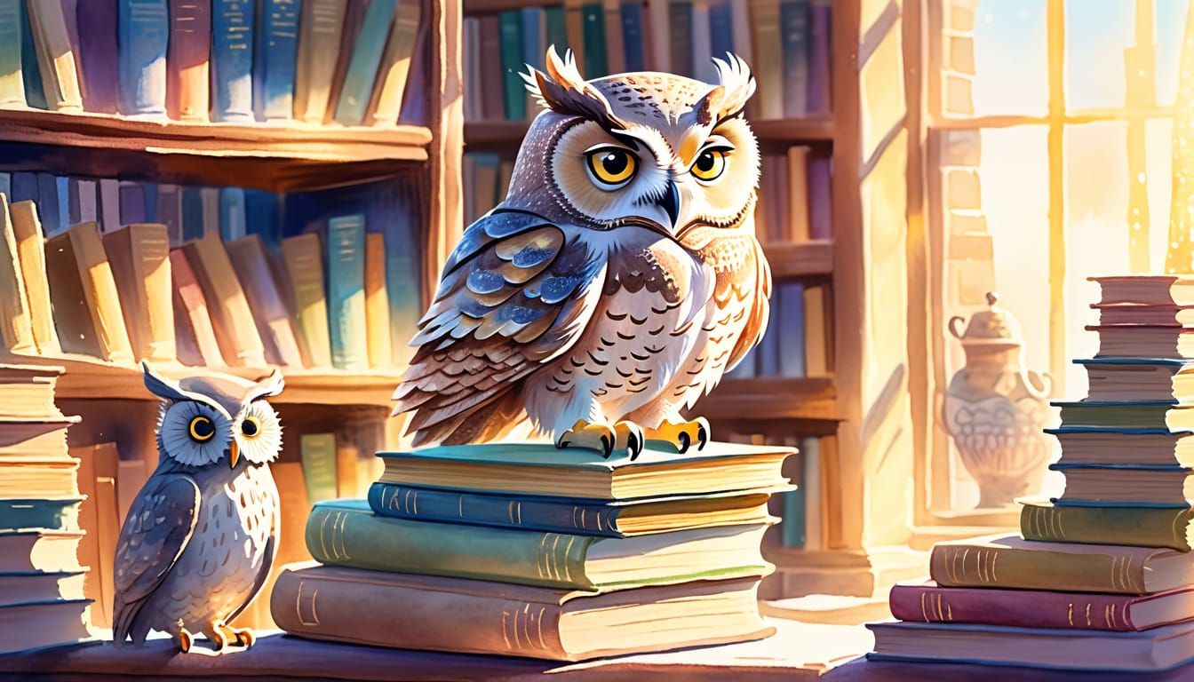 Whimsical Owl in Library: Watercolor Fantasy Art