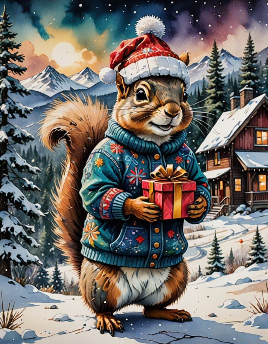 Cute Squirrel with Gift in Snowy Wonderland