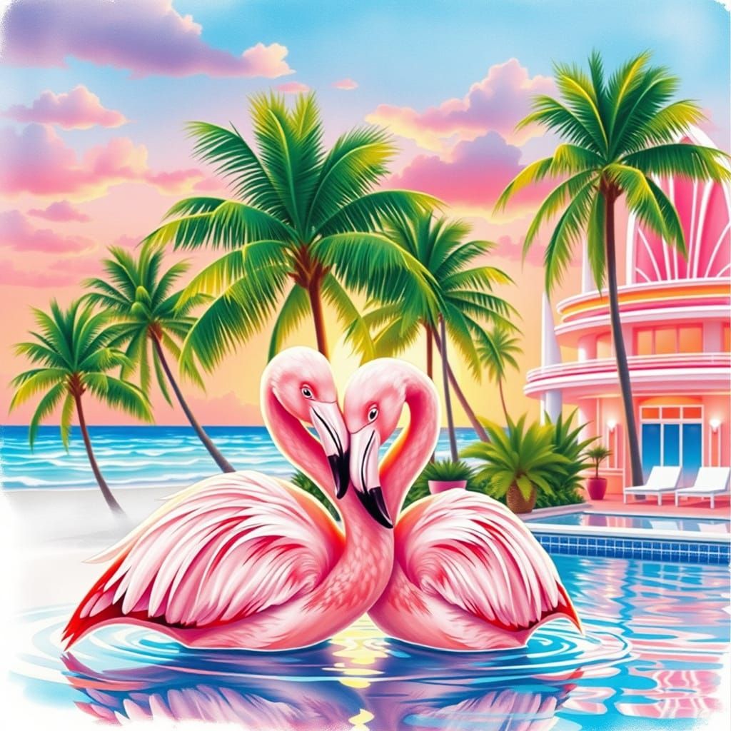 Whimsical Flamingos in Miami Beach Art Deco Scene