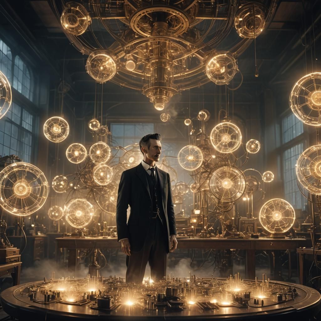 Nikola Tesla in Dimly Lit Laboratory, Impressionist Style