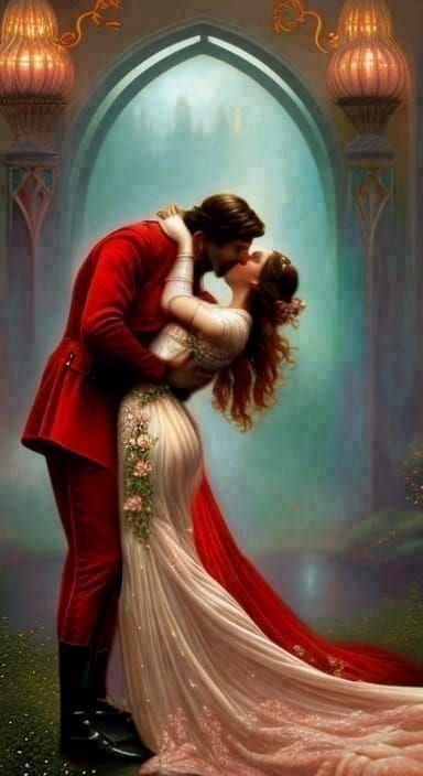 Magical Embrace in Art Nouveau Landscape