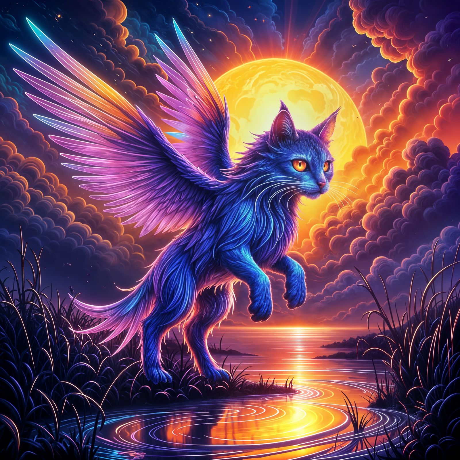 Neon Catbird with Glass Wings at Cosmic Sunset