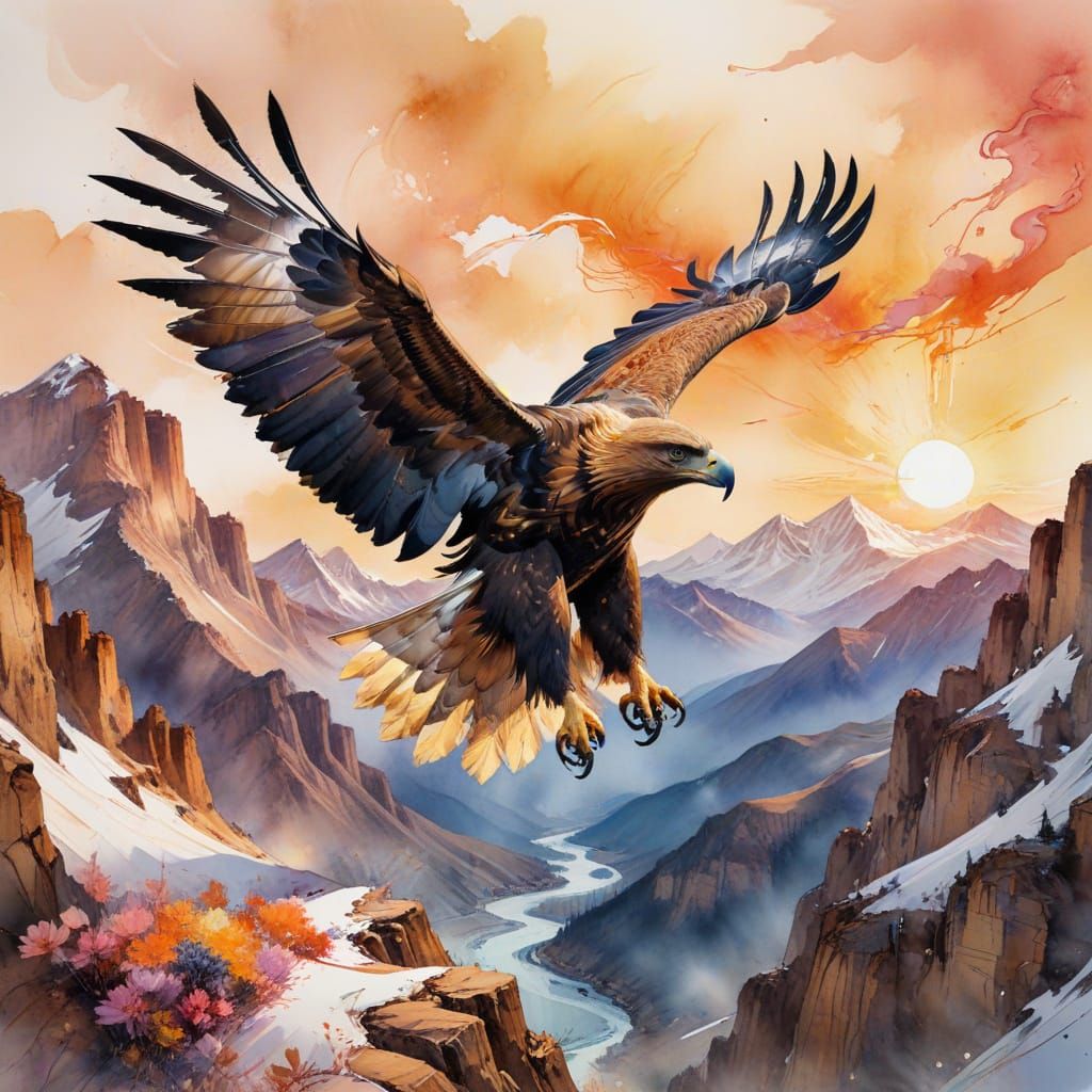 Regal Golden Eagle Soars Above Majestic Mountain Pass