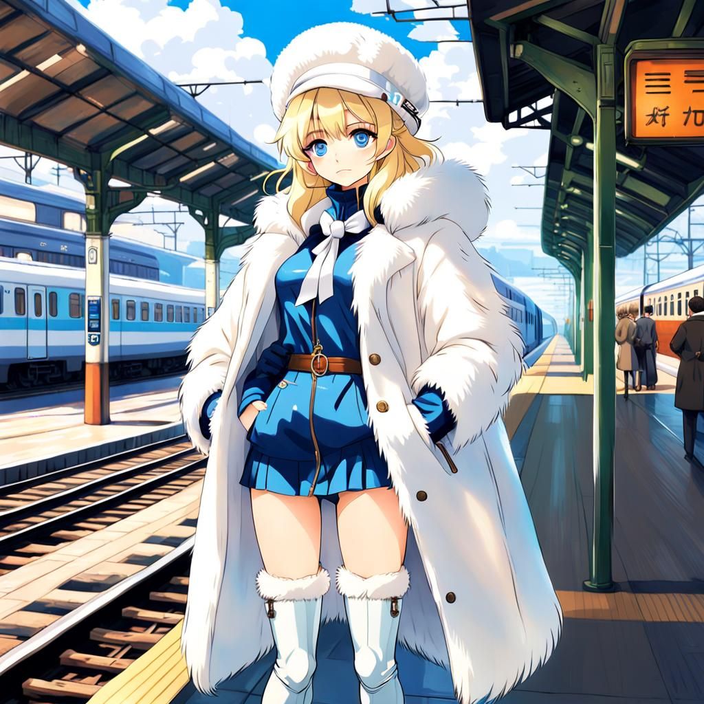 Anime-Style Blonde in 1960s Train Station