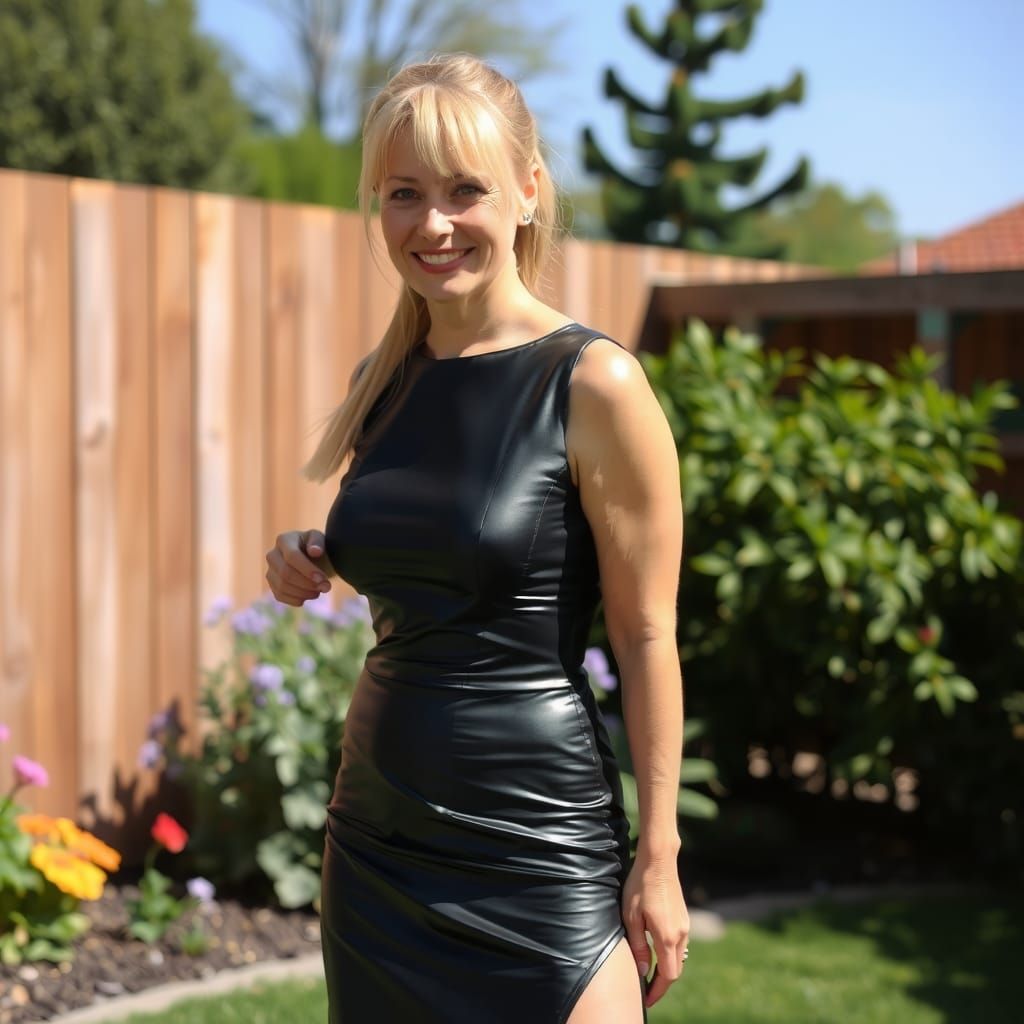Blonde Woman in Latex Dress Posing in Garden