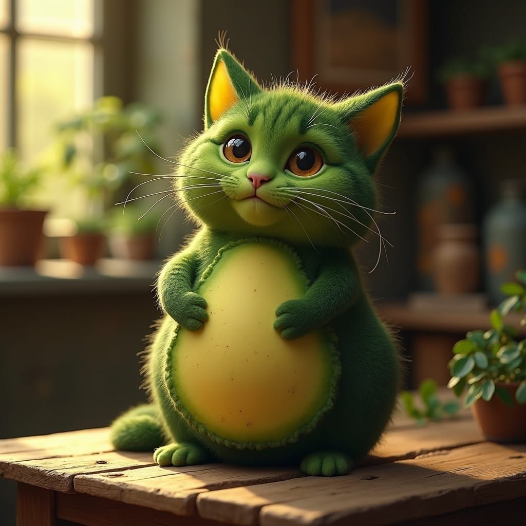 Whimsical Avocado Cat in Cinematic Lighting