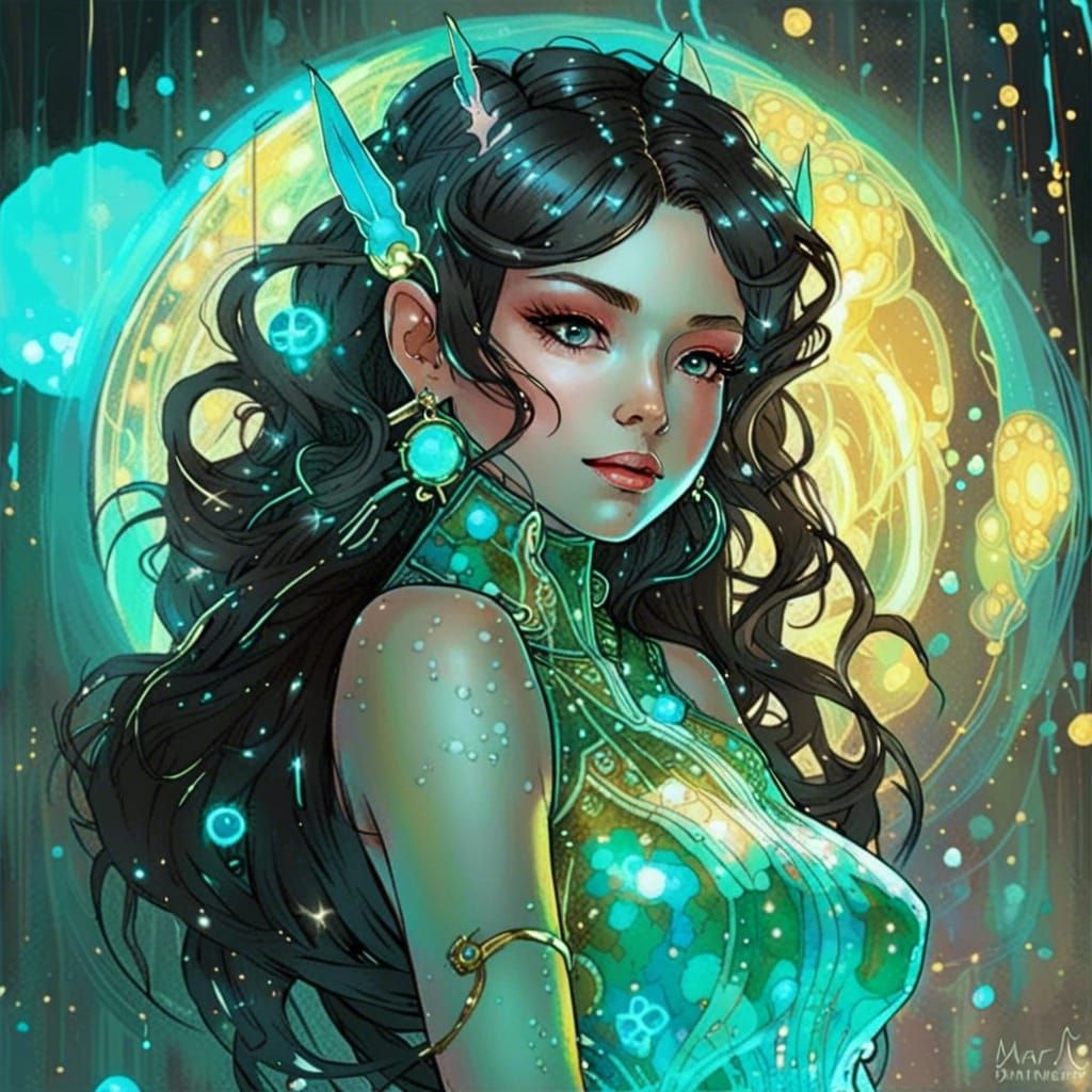 "cute intricate fairy android magical stellar golden rainbow wizard brunette Pin-up in bioluminescent turquoise glow dar...