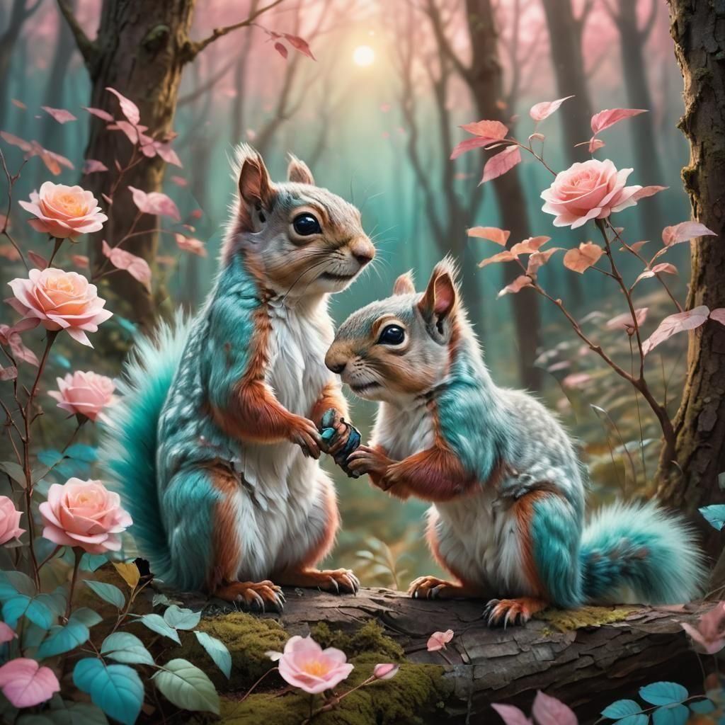 Squirrels in Fantasy Forest with Pastel Colors