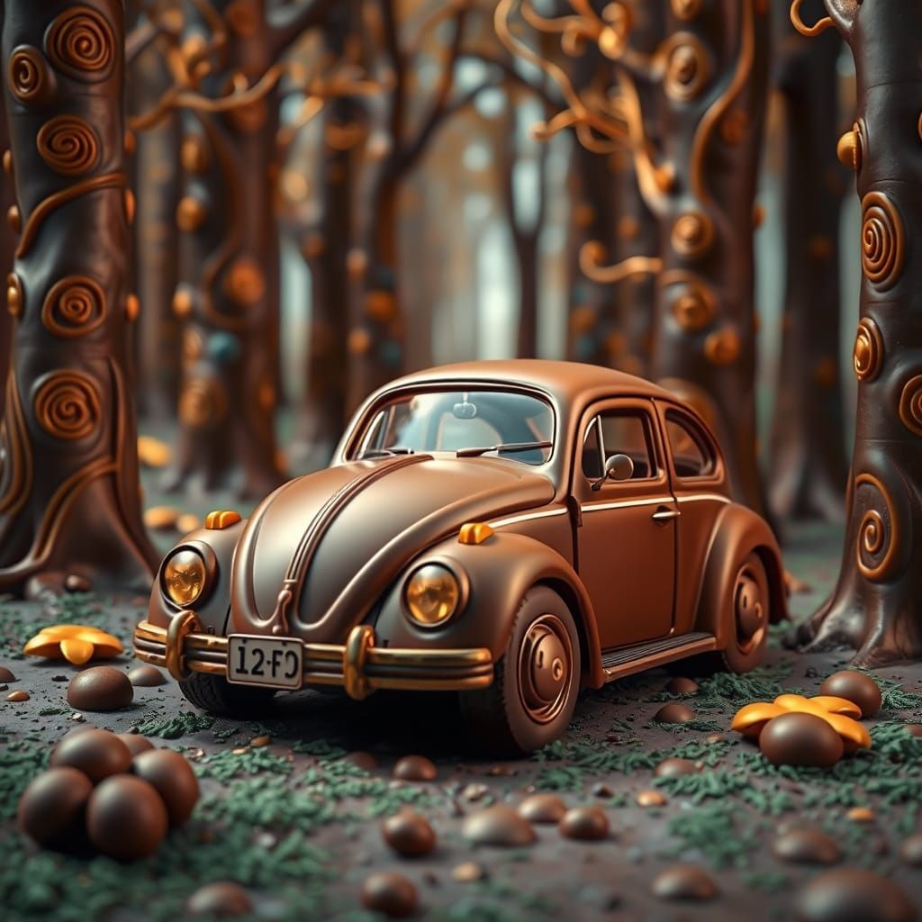 Chocolate VW Beetle in Whimsical Forest