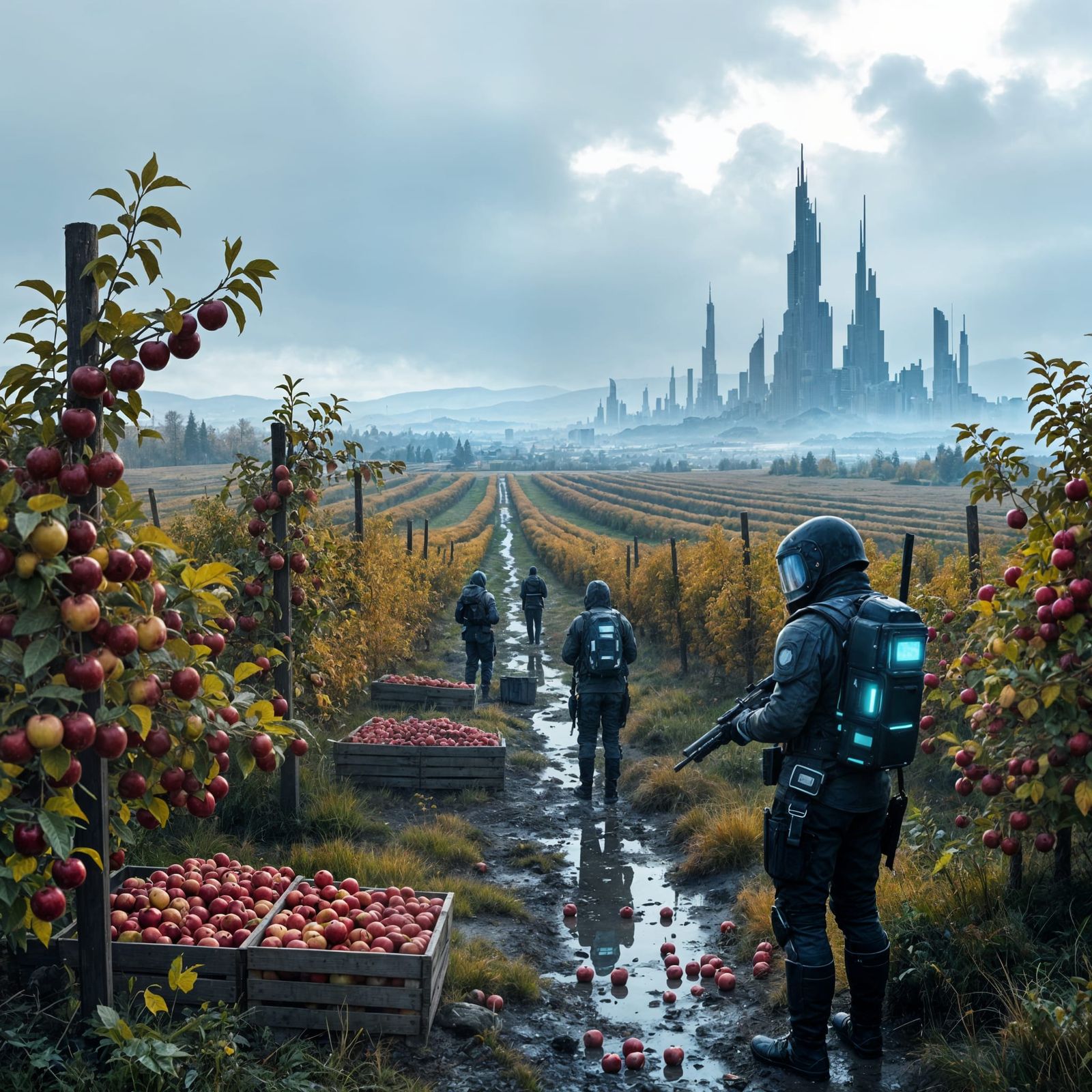 Apple Orchard Harvest with Sci-Fi Guards in Nordic Wildernes...
