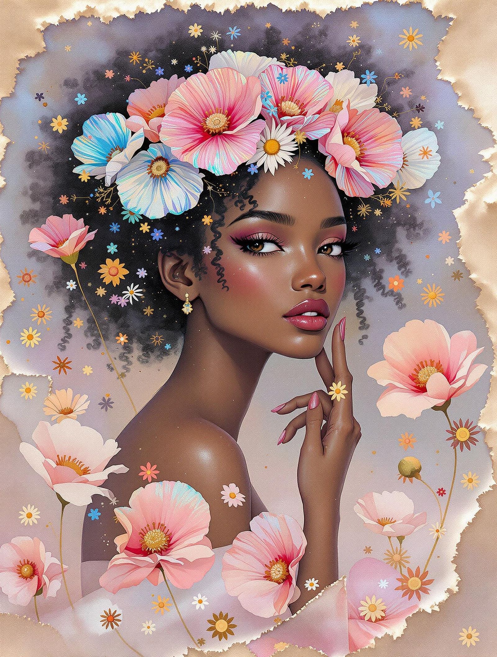 Afro-Latina Goddess Amid Whirling Petals and Glowing Poppies...