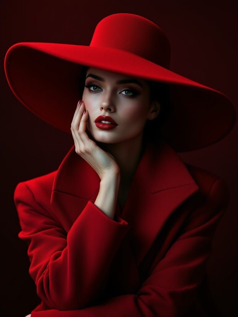 Woman in Dramatic Red Hat Admires Reflection in Moody Studio