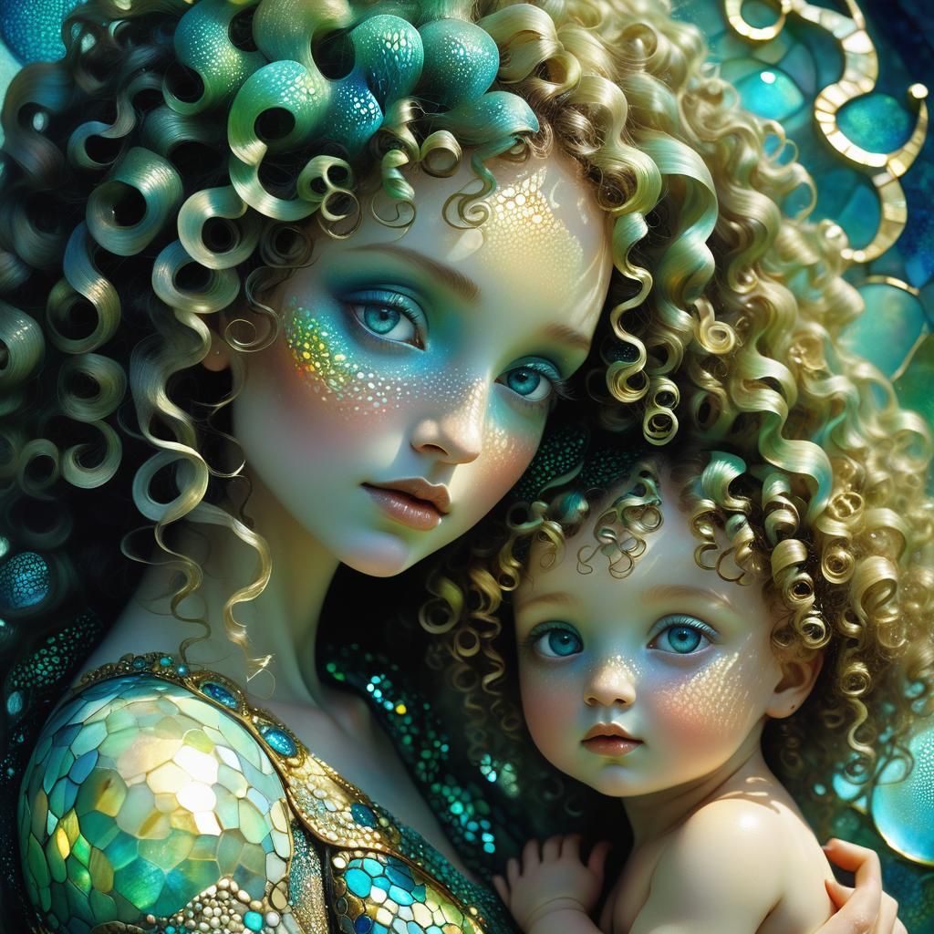 Surrealistic Dreamscapes with Curly Mother and Baby