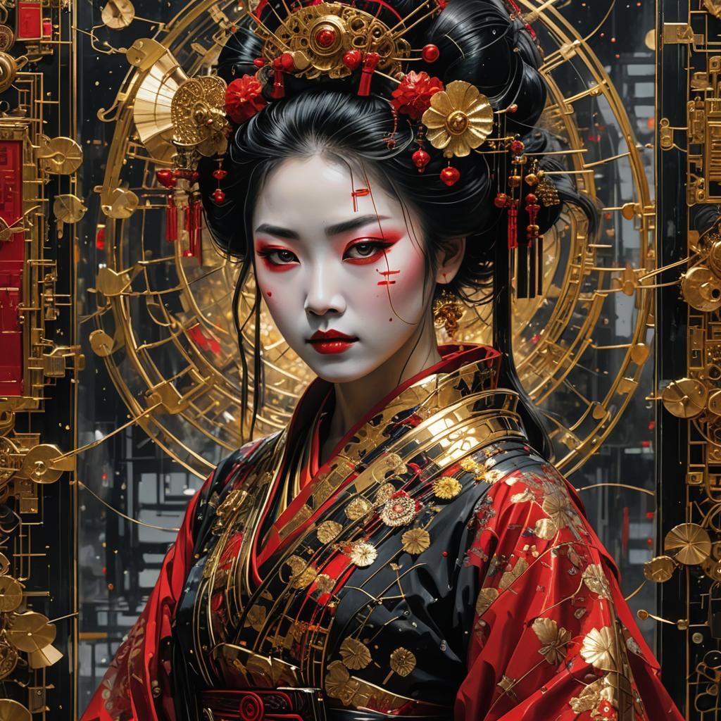 Wired Geisha in Shattered Mirror, Digital Art