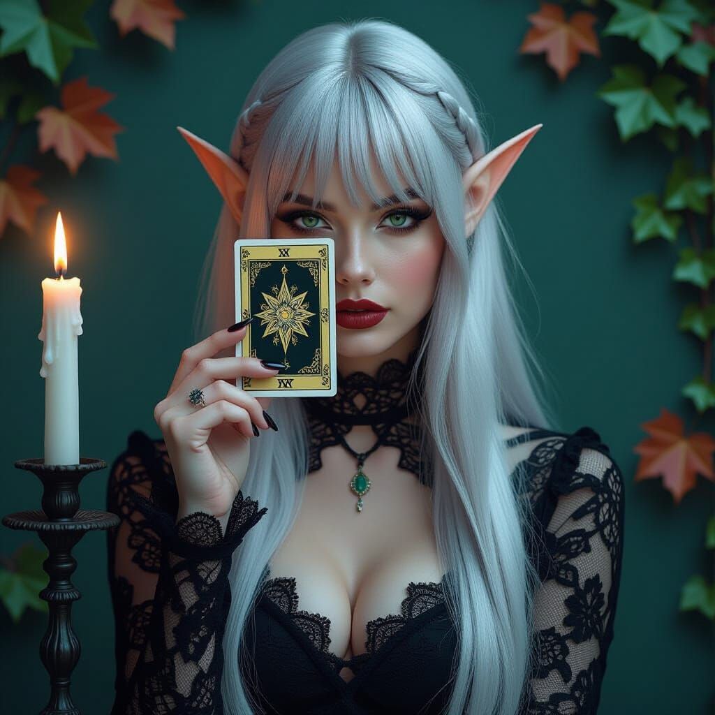 Mysterious Elf with Tarot Card in Dark Fantasy
