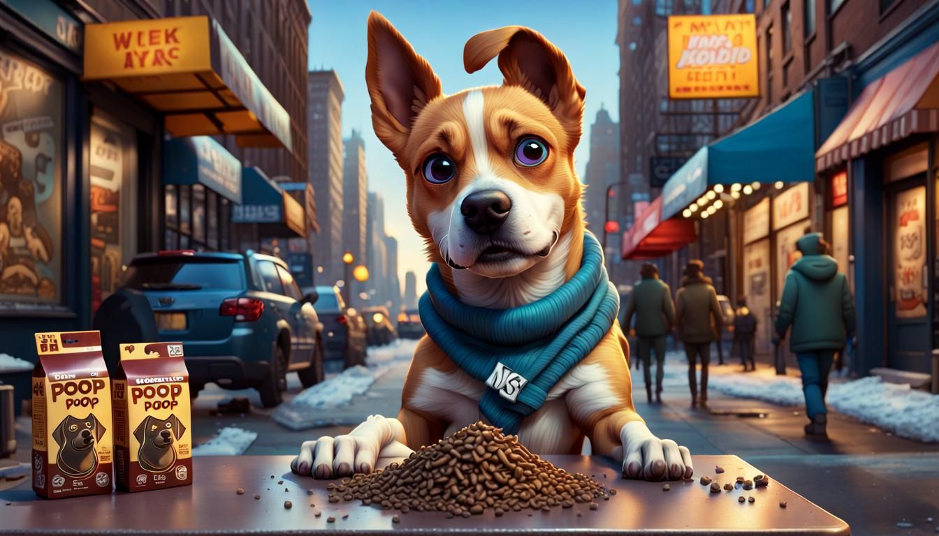 Dog Selling Poop on NYC Street: 3D Digital Art