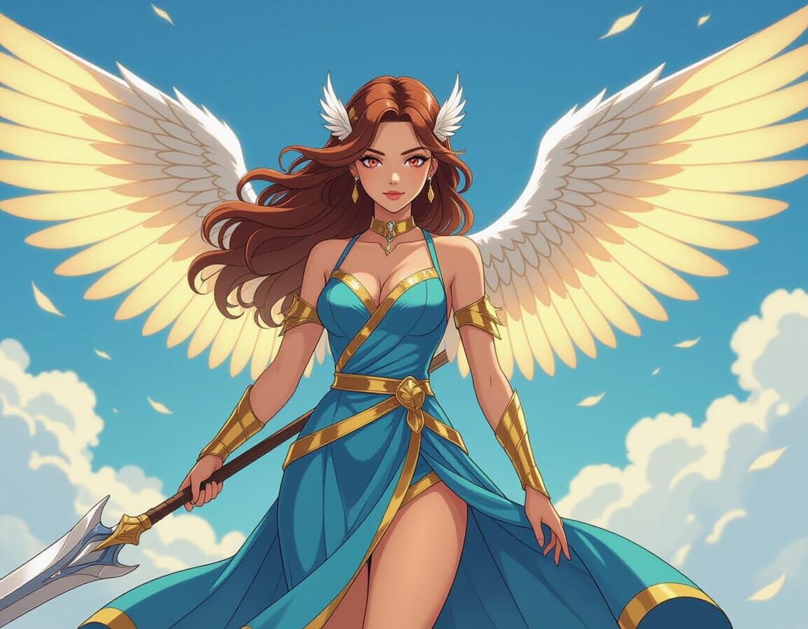 Winged Warrior Woman with Spear in Manga Style