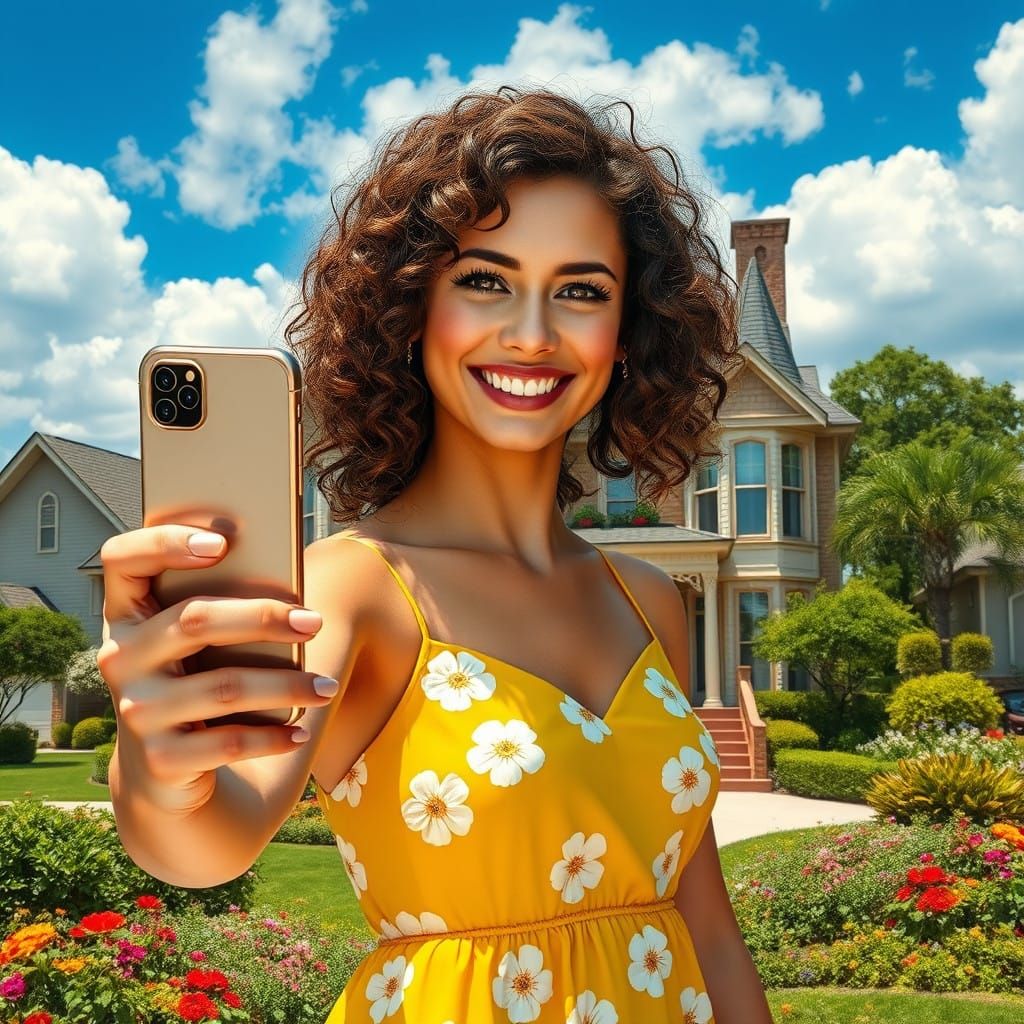 Surreal Woman Takes Selfie in Front of Dreamlike Houston Hou...