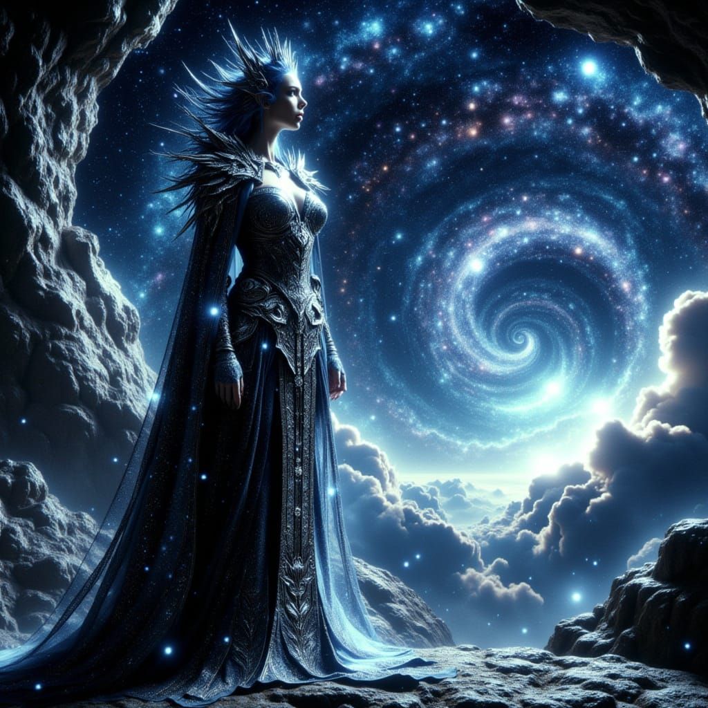 Futuristic Queen in Sci-Fi Armor Overlooking Nebula