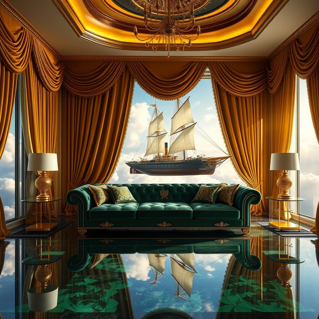 Elegant Steampunk Living Room with Flying Ship