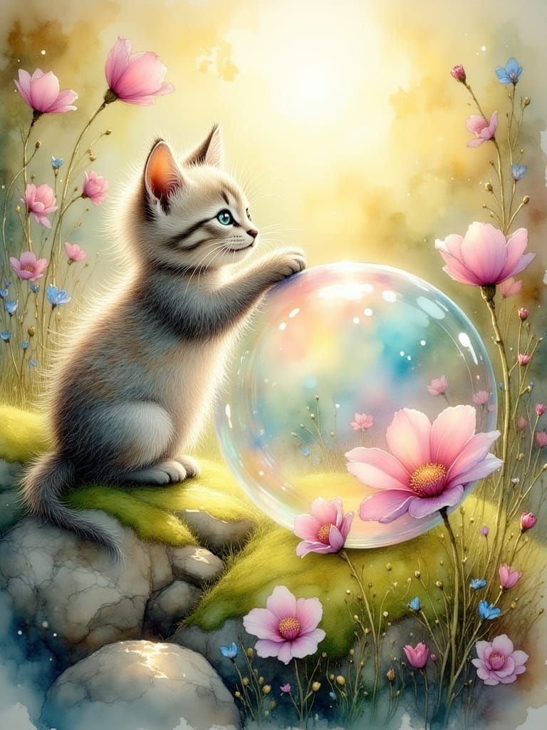 Kitten Plays With Giant Reflective Soap Bubble in Magical Gl...