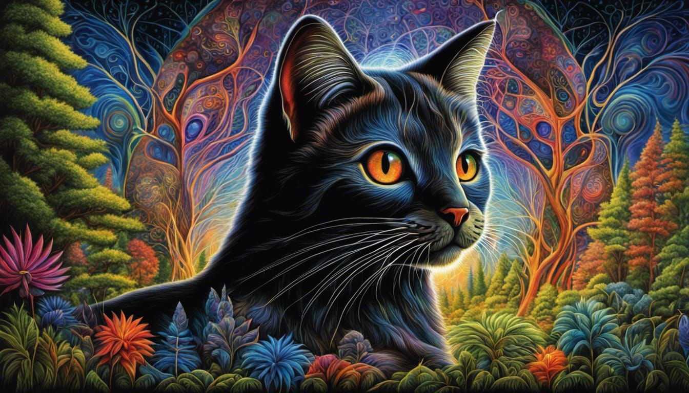 Rainbow-Eyed Kitten in Forest with Sacred Geometry