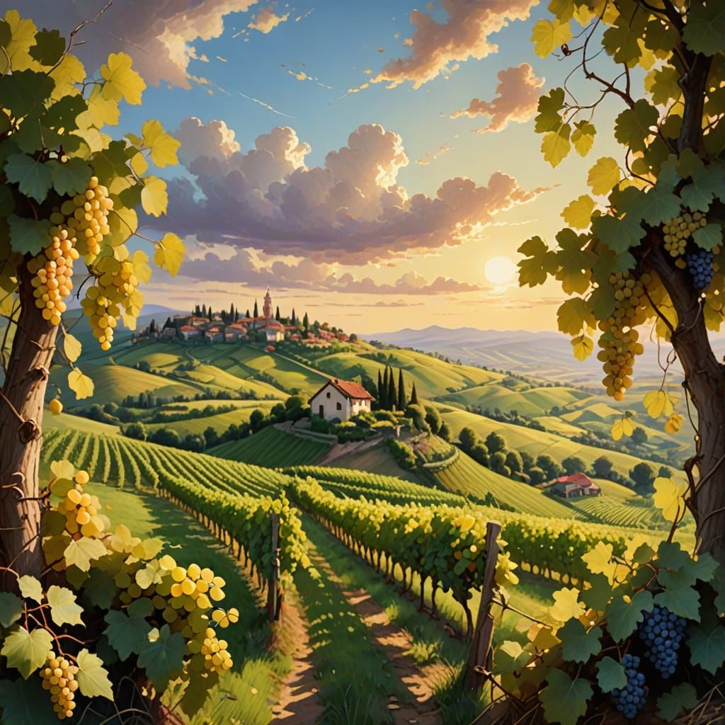 Dreamy Grape Vineyard Landscape in Golden Light