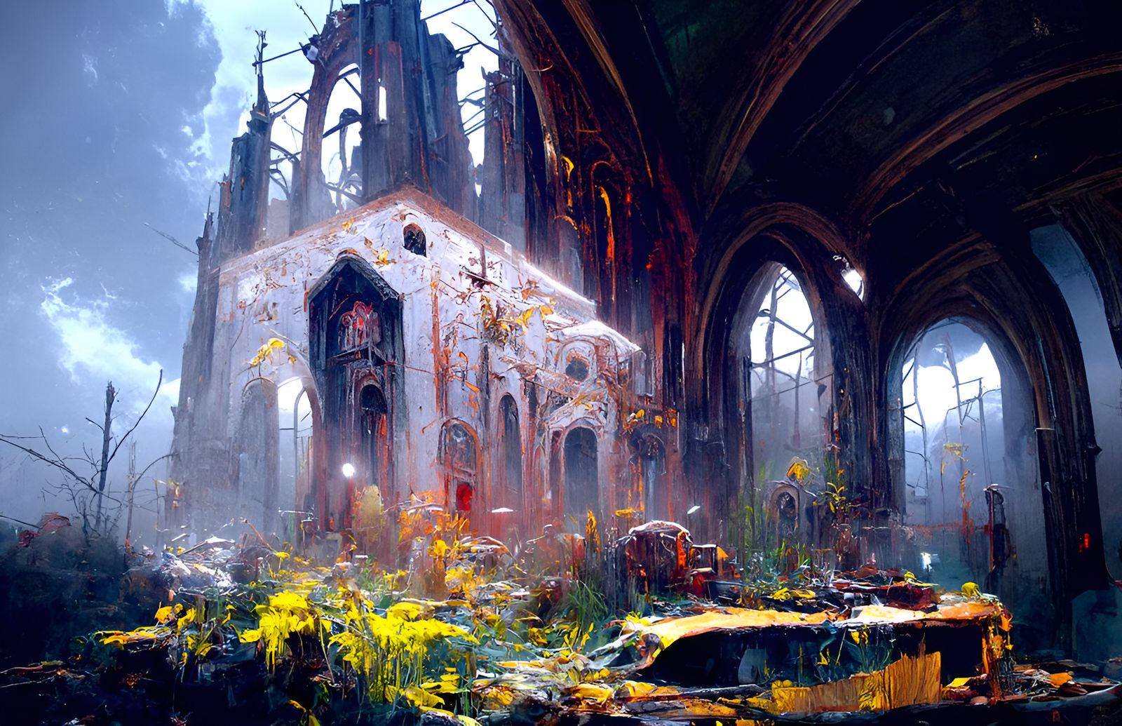 Abandoned Cathedral Painting with Dripping Amber Liquid