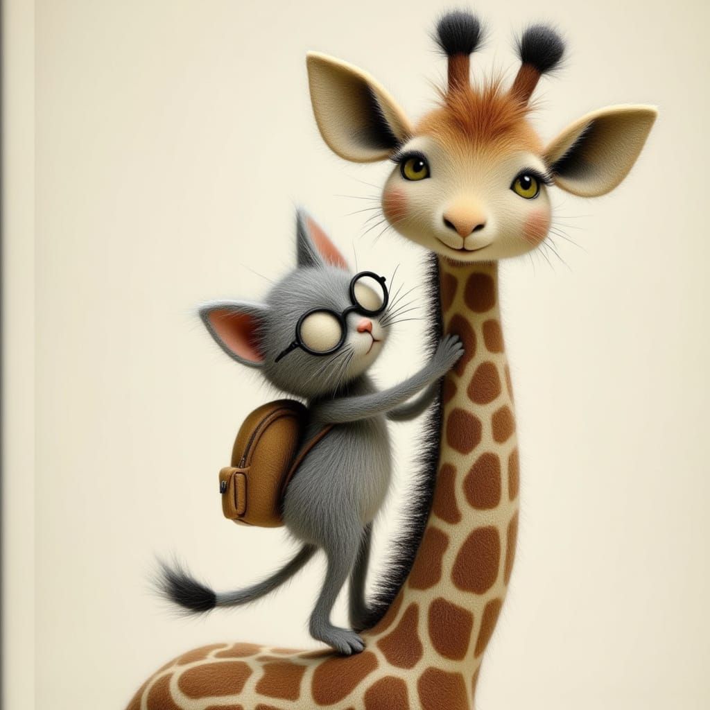Kitten Climbs Giraffe in Felted Storybook Style