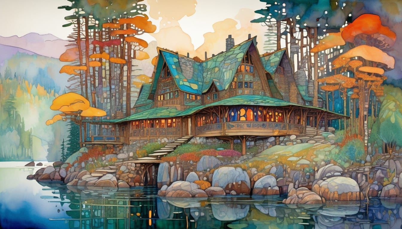 Misty Lakeside Wilderness Hotel Lodge: Ink and Watercolour