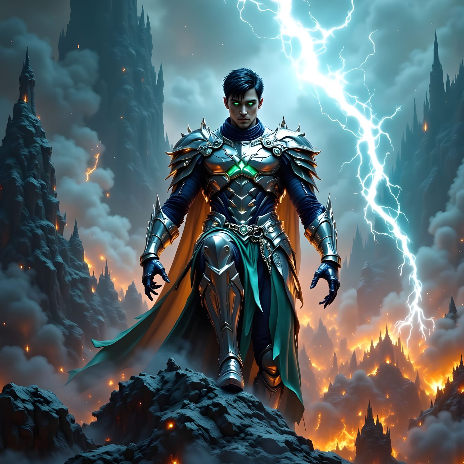 Epic Warrior Triumphs Over Defeated Demons in Shimmering Sil...