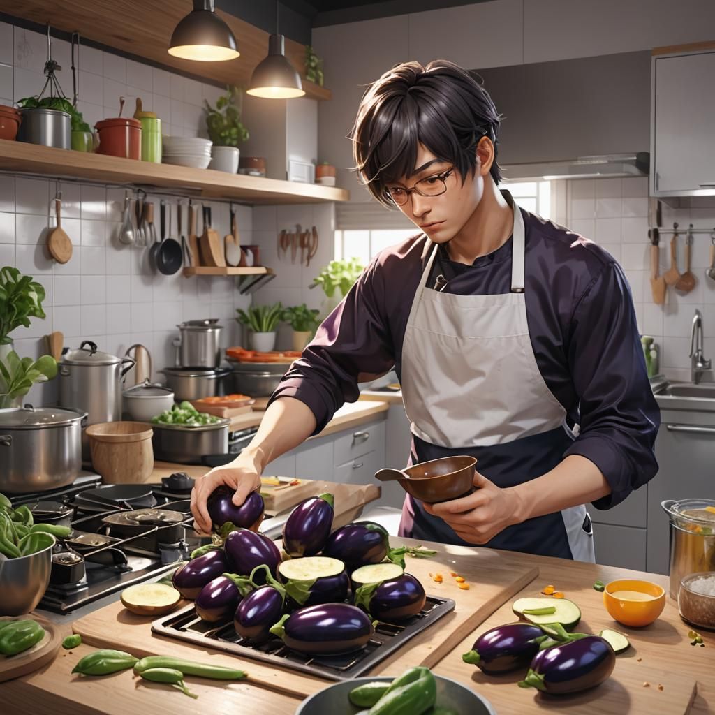 Man Cooking Eggplants: 3D Anime Art