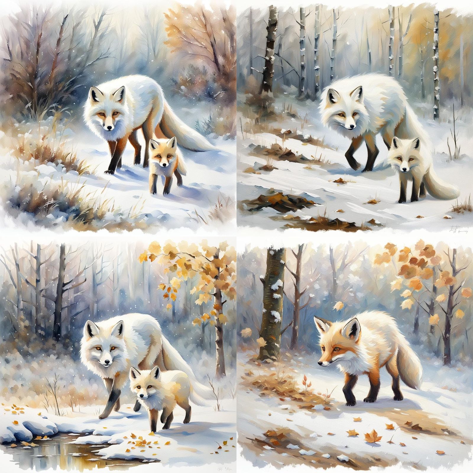 Watercolor Fox Family in Winter Landscape Painting