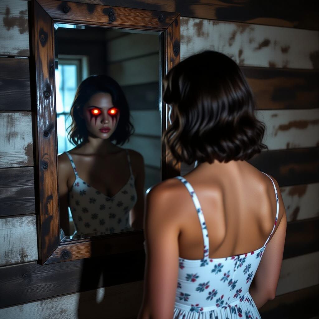 Woman's Reflection Reveals Red-Eyed Shadow
