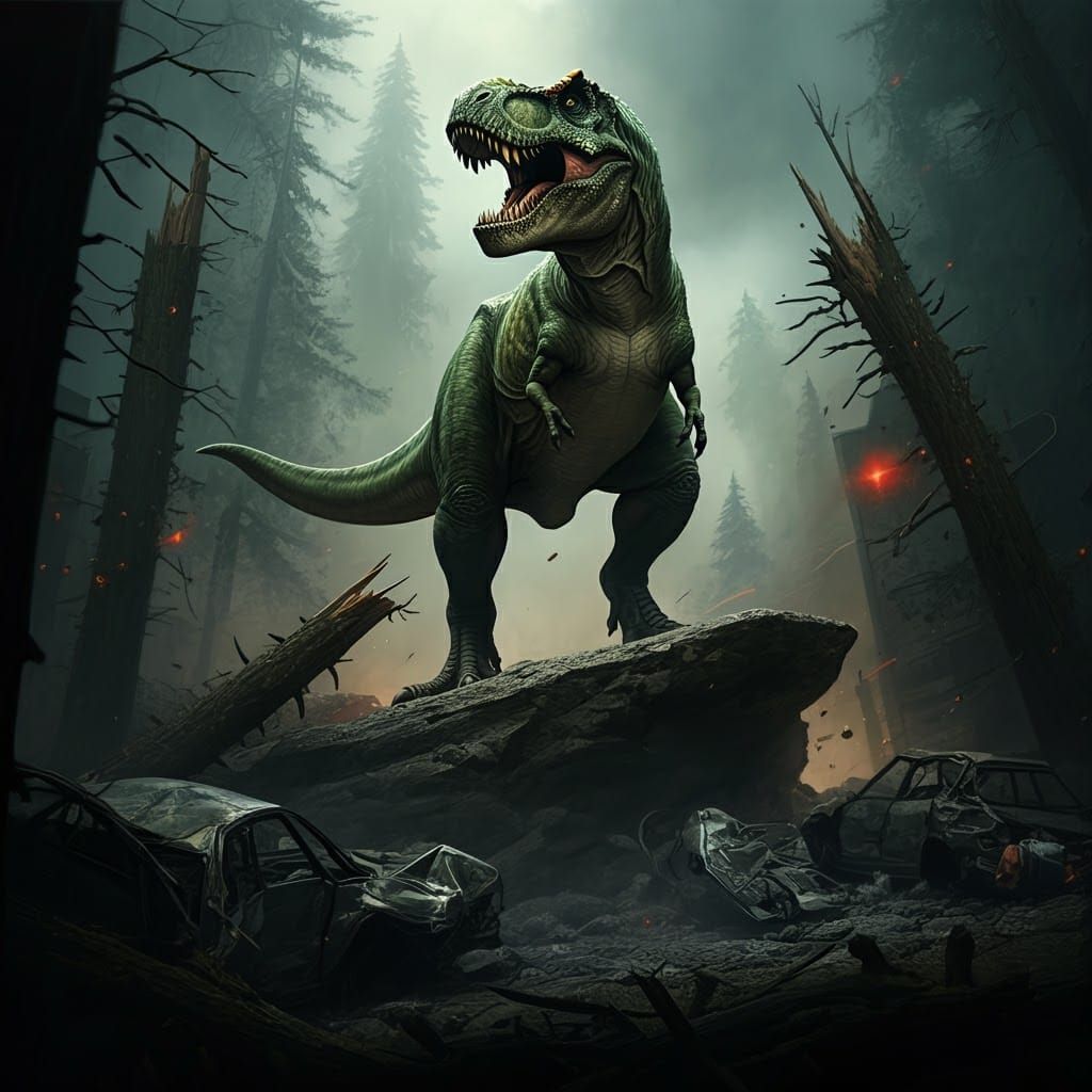 T-Rex Dominates Ruined Cityscape, Comic Book Style