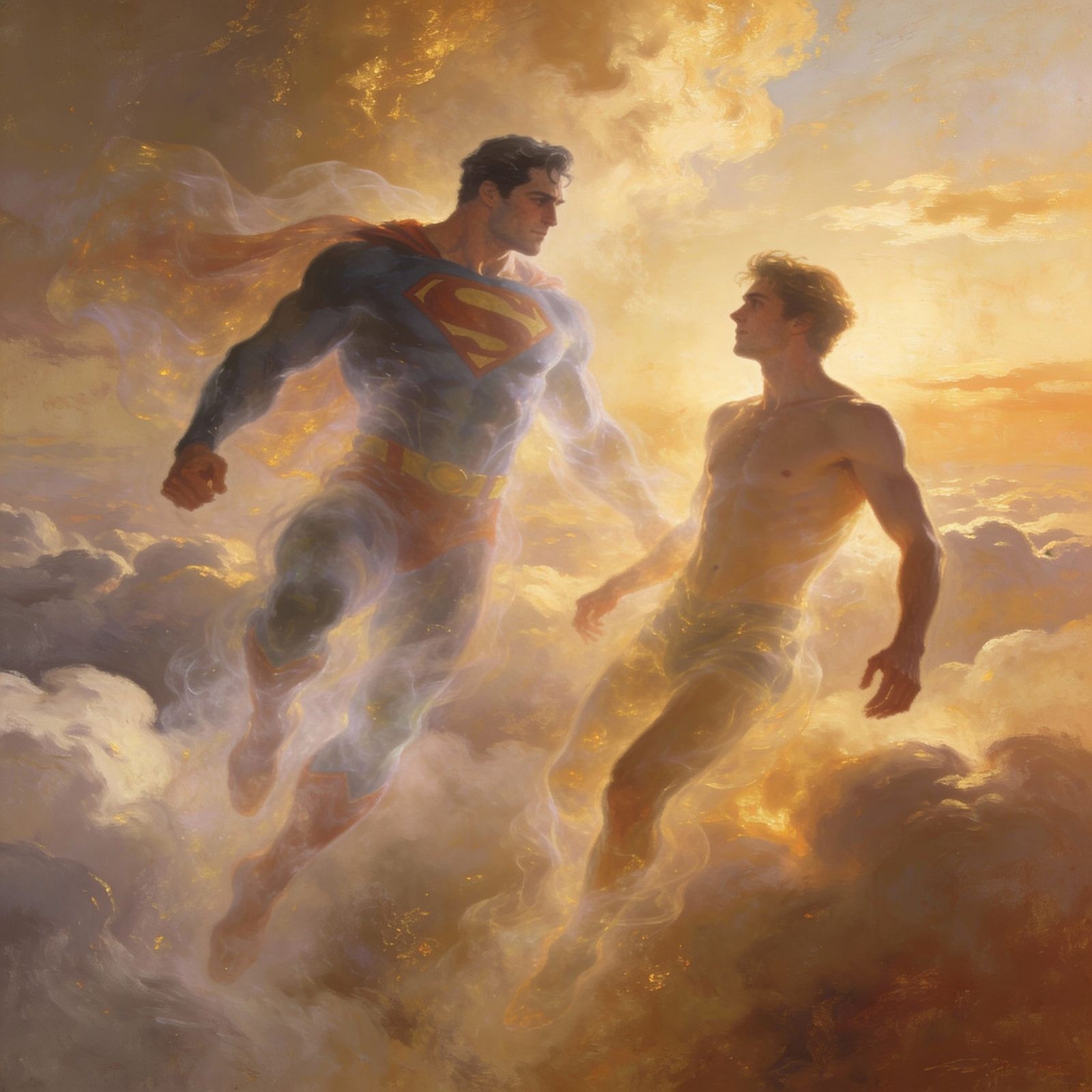 Dreamlike Figures Falling Through Ethereal Clouds