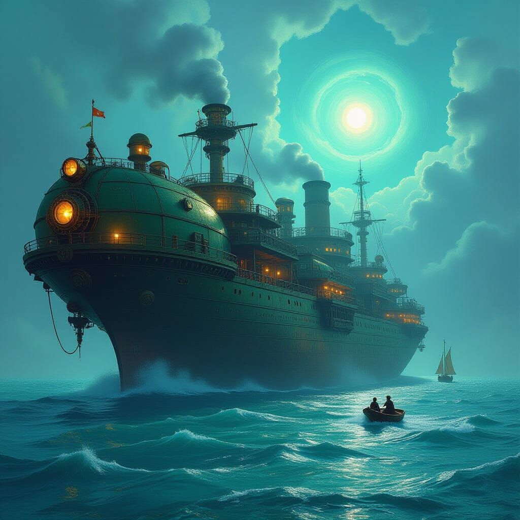 Diesel-Steampunk Leviathan City Navigates Ethereal Ocean