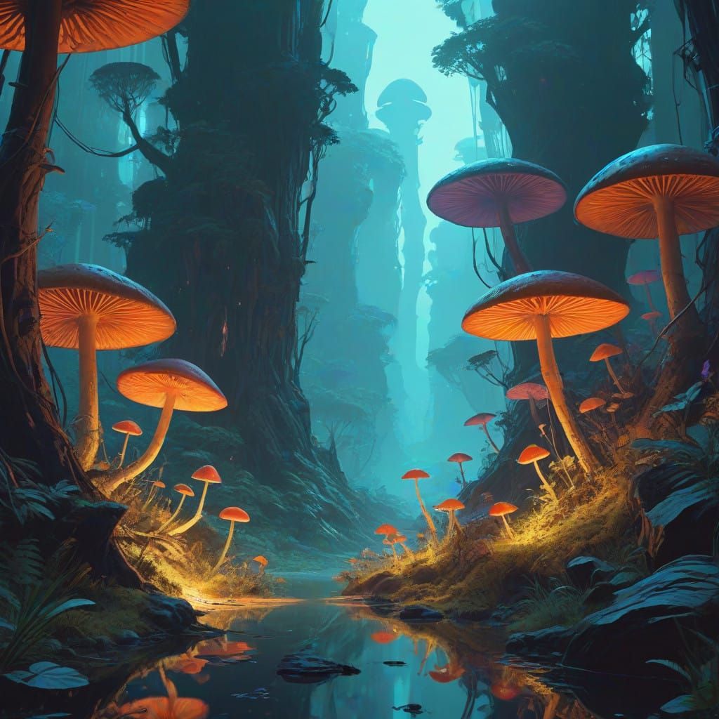 Surreal Fungal Landscape in Ethereal Hues