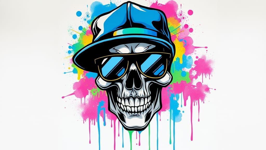 Rebellious Urban Graffiti Skull in Neon