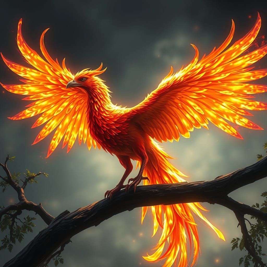 Ethereal Phoenix Perched on a Branch, Radiating Immortality...