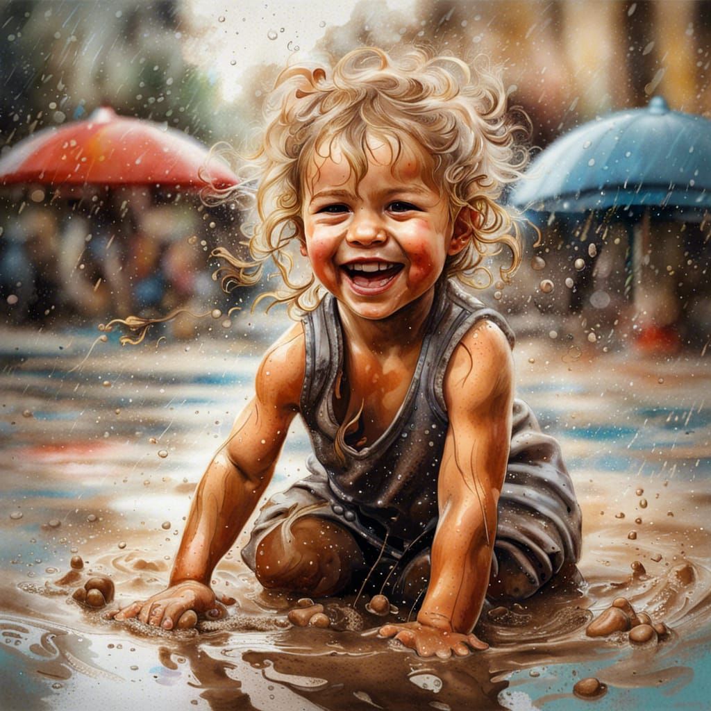 Joyful Toddler Splashing in Rainy Mud Puddle